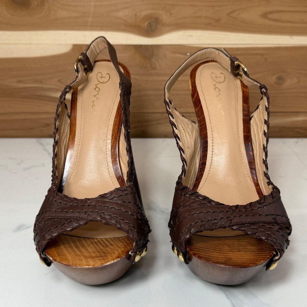 Dione Chuncky Wooden Heel Platform Sandals Leather Straps Brown Size 7.5 - Picture 3 of 13